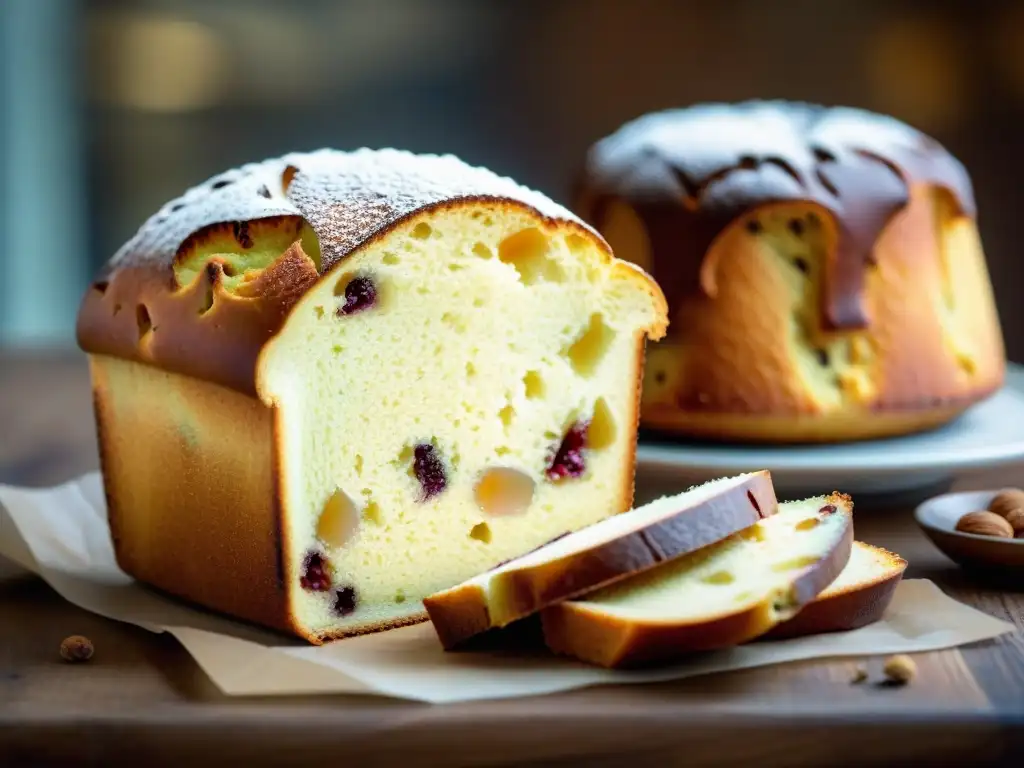 Dos rebanadas de Pandoro y Panettone en una mesa rústica, mostrando las diferencias entre estos postres italianos