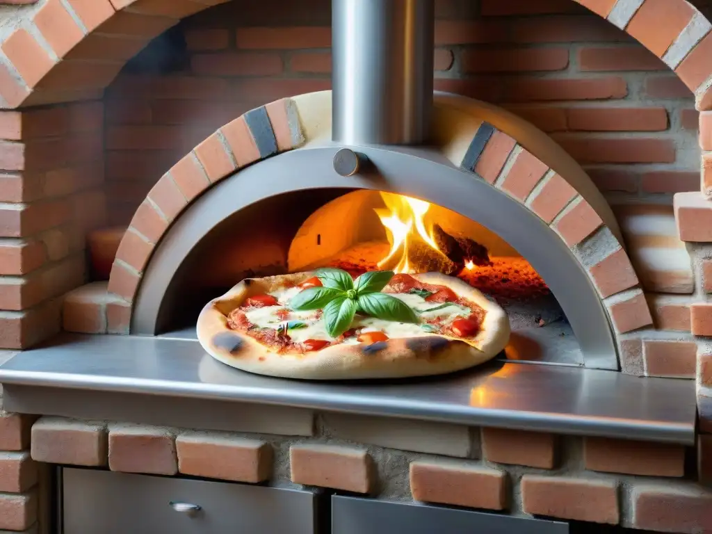 Receta auténtica pizza casera italiana: Un horno de leña con fuego ardiente, una pizza margherita perfectamente cocida y un pizzaiolo sonriente