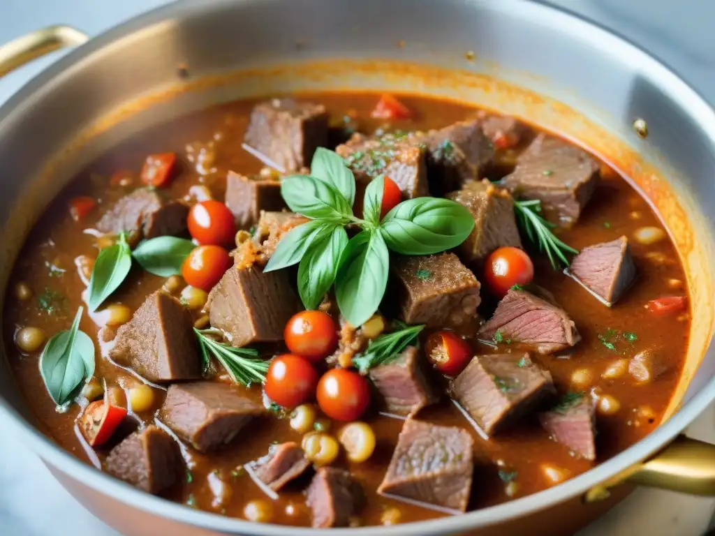 Receta auténtica de ragú de cordero italiano en una olla de cobre tradicional, con trozos tiernos de cordero, tomate y hierbas aromáticas