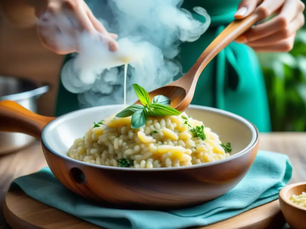 Preparando una receta auténtica de risotto italiano en una cocina tradicional, con hierbas frescas y queso parmesano espolvoreado