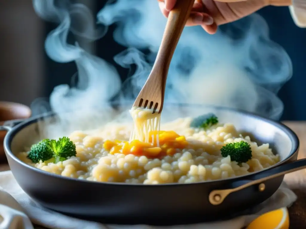 Preparando una receta auténtica de risotto italiano con cuchara de madera