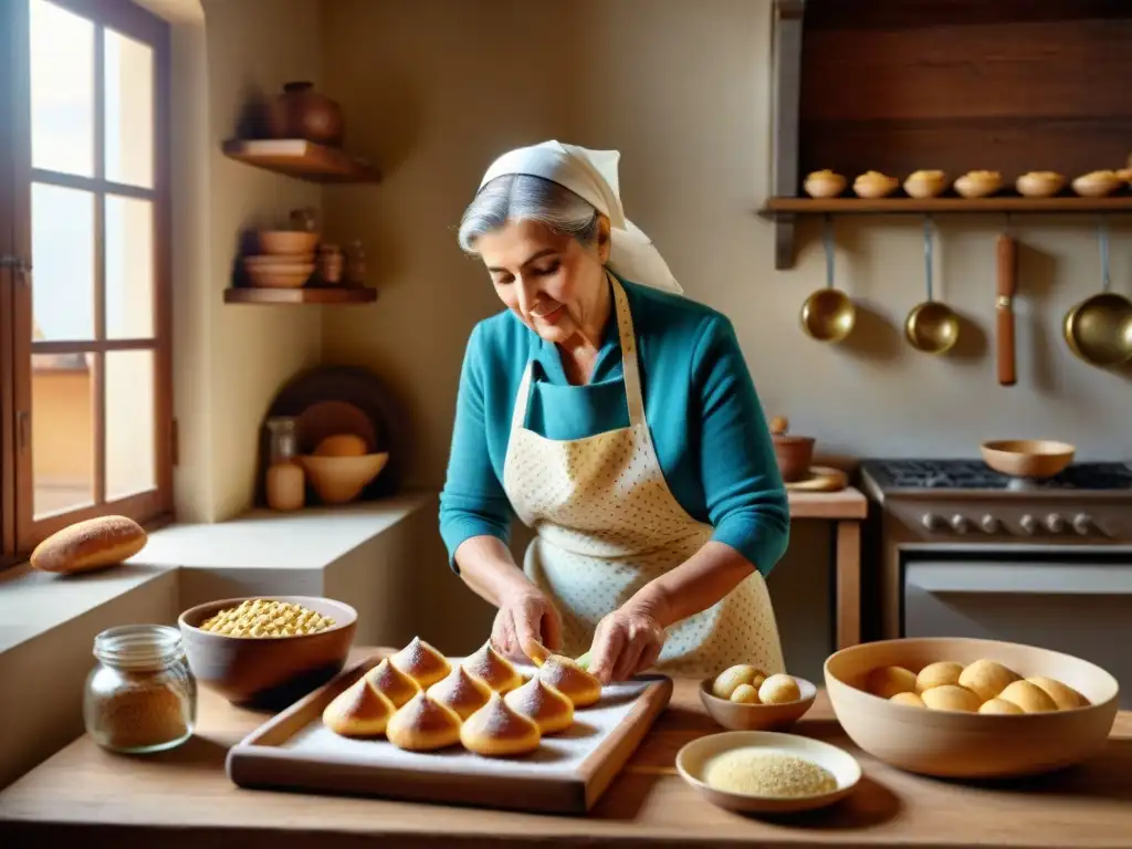 Receta auténtica taralli dolci italiano: Nonna experta moldea y decora pastas en acogedora cocina vintage