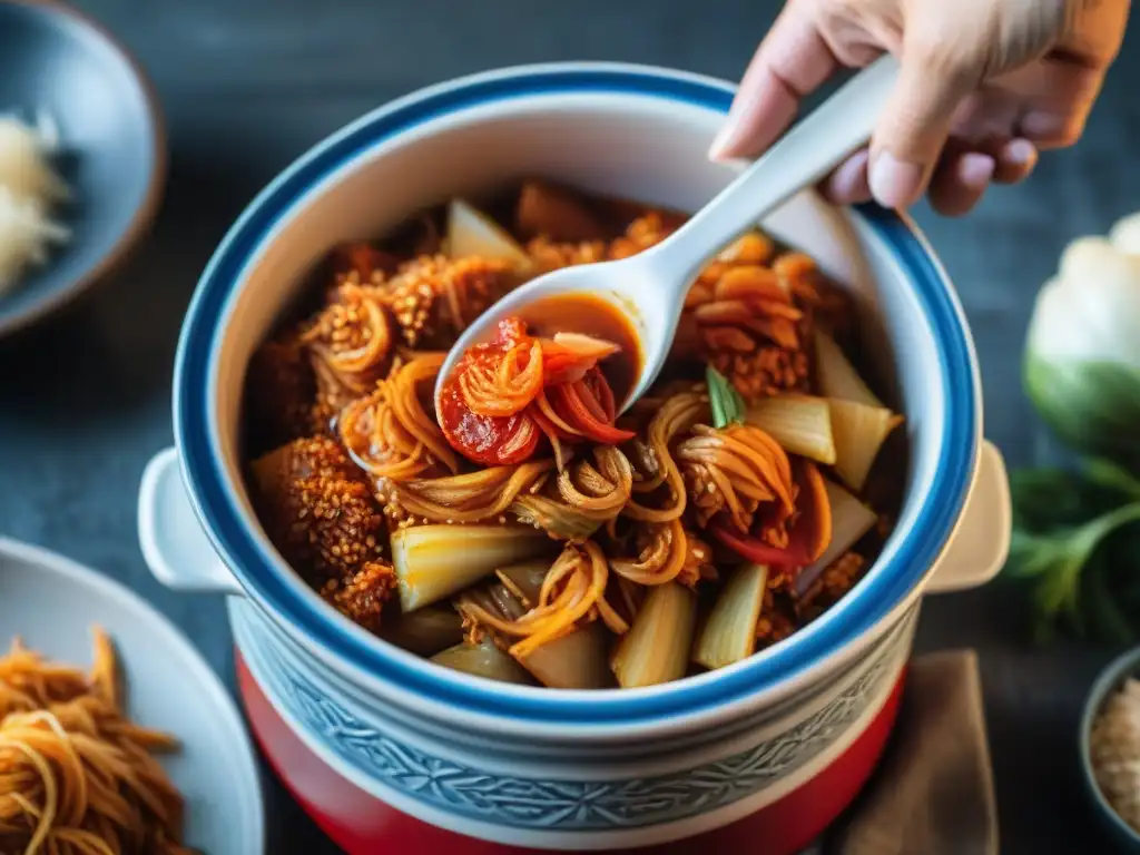 Elaborando una receta auténtica kimchi italiano en una olla de fermentación cerámica