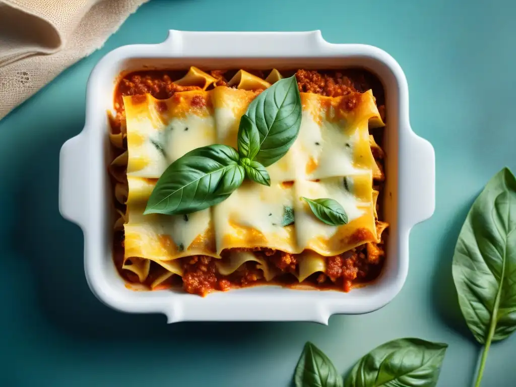 Deliciosa lasaña italiana: capas doradas de queso, salsa y albahaca fresca Receta auténtica de lasaña italiana: Detalle de una lasaña recién horneada con queso dorado, salsa de tomate y albahaca fresca