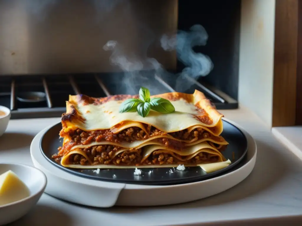 Receta auténtica de lasaña italiana siendo montada con cuidado en un horno rústico