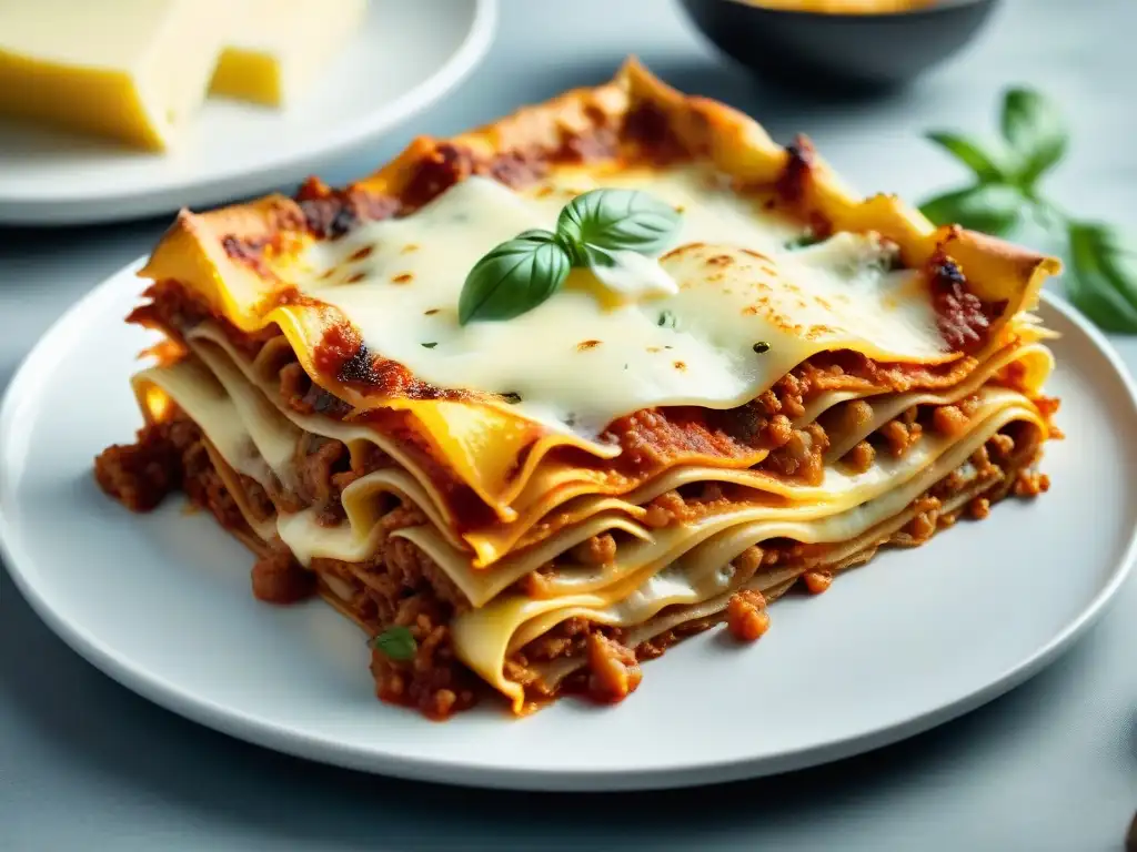 Una receta auténtica de lasaña italiana recién horneada con capas perfectamente cocidas de pasta, salsa de carne, bechamel y queso derretido