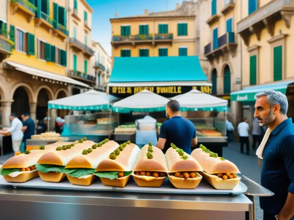 Receta auténtica pane e panelle: Escena vibrante en Palermo, Sicilia, con mercado colorido y vendedor preparando el famoso sándwich siciliano