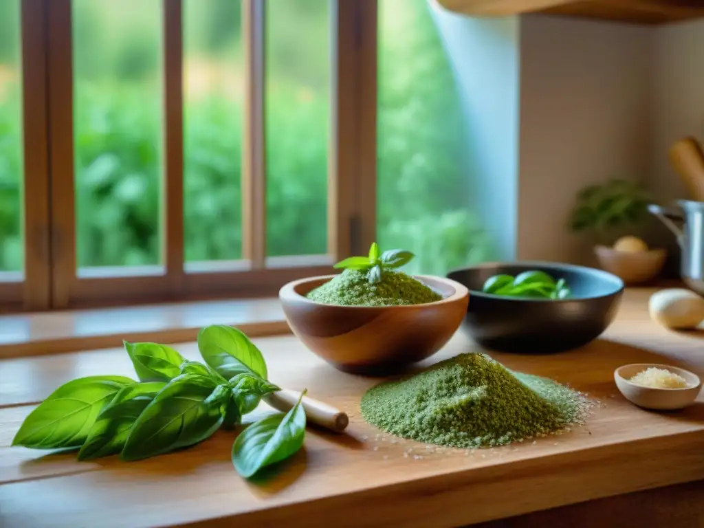 Preparando una receta auténtica pesto genovese en una cocina rústica de Liguria