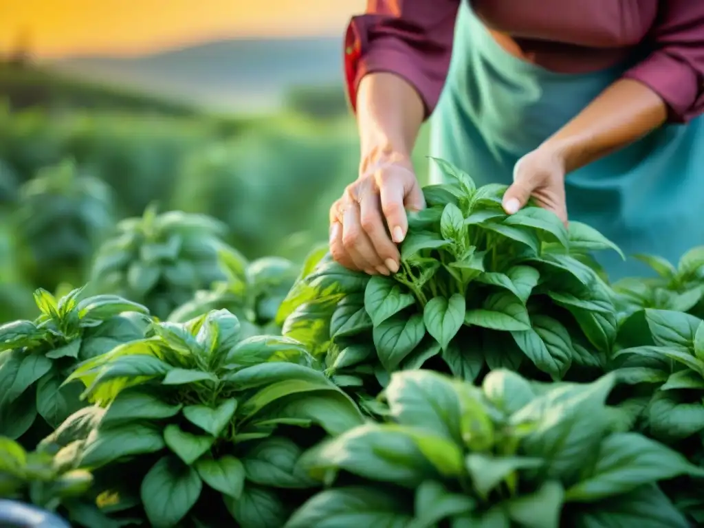 Receta auténtica pesto genovese: Nonna italiana recolecta hojas de albahaca en jardín soleado de Liguria