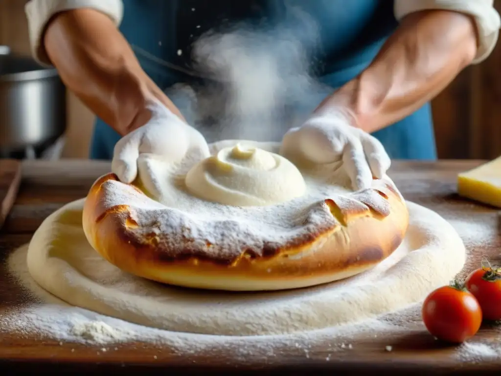 Preparando una receta auténtica de pizza casera italiana: manos expertas amasando masa en una cocina tradicional