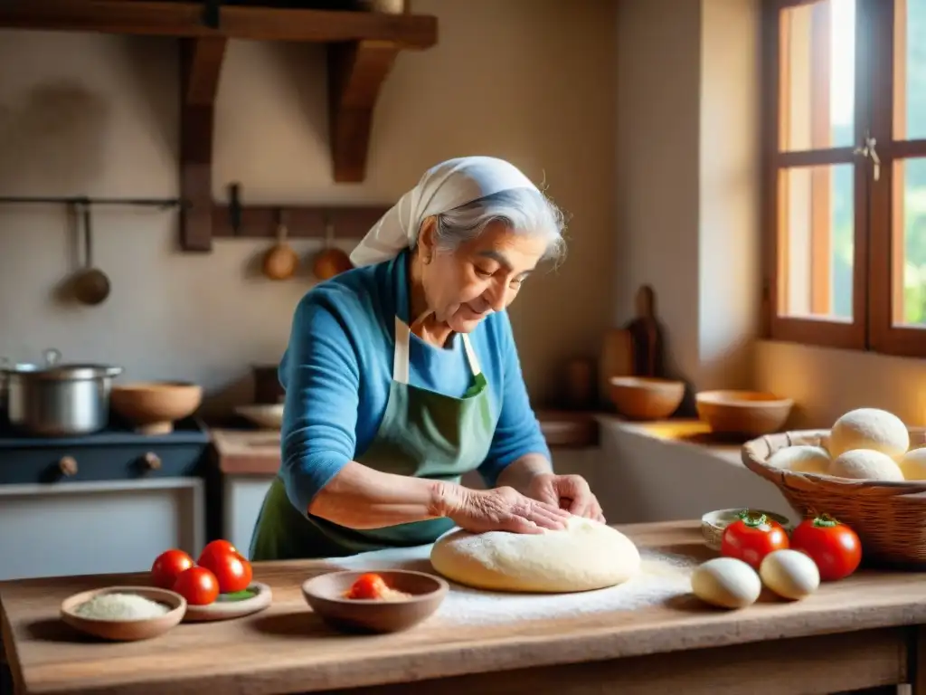 Receta auténtica pane e pomodoro: Nonna italiana amasando masa en cocina rústica con utensilios tradicionales y luz cálida