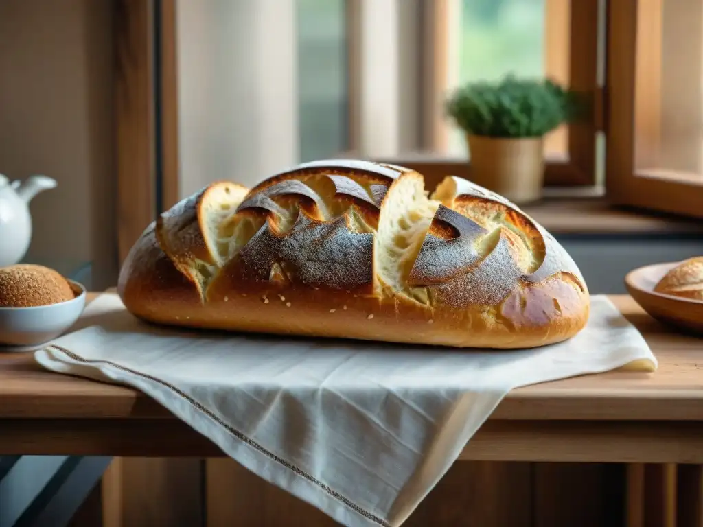 Receta auténtica pane pugliese: Pan recién horneado sobre mesa de madera rústica, bañado por luz cálida