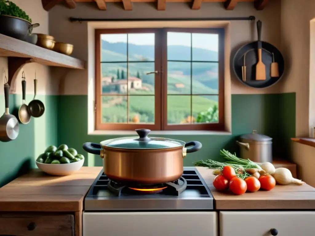 Receta auténtica ribollita toscana: Cocina toscana tradicional con una olla burbujeante en la estufa vintage, bañada en luz cálida y acogedora