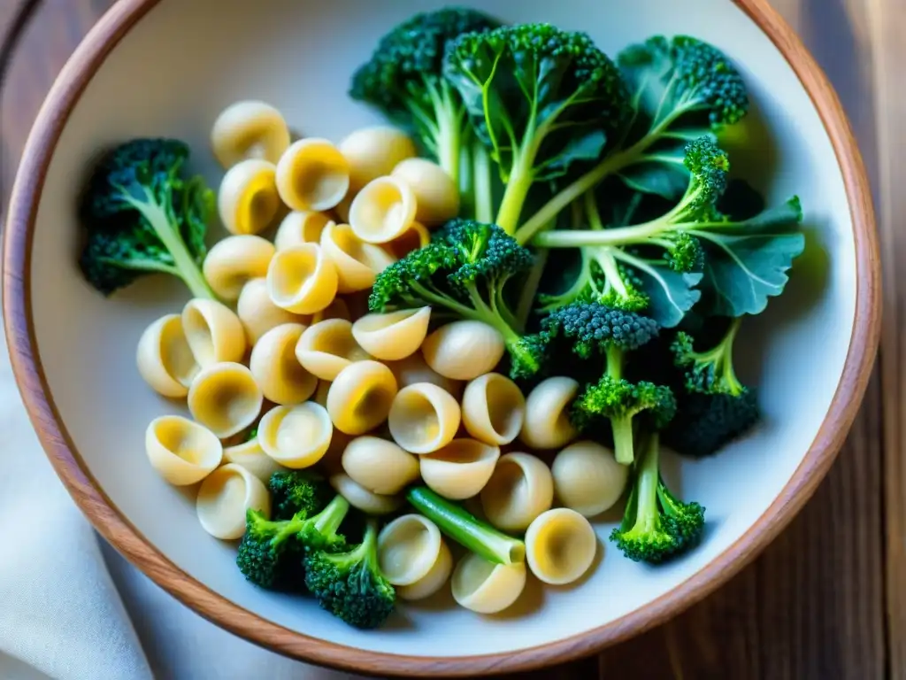 Receta de orecchiette con brócoli en auténtico entorno pugliese, pasta y brócoli frescos en un tazón rústico de madera