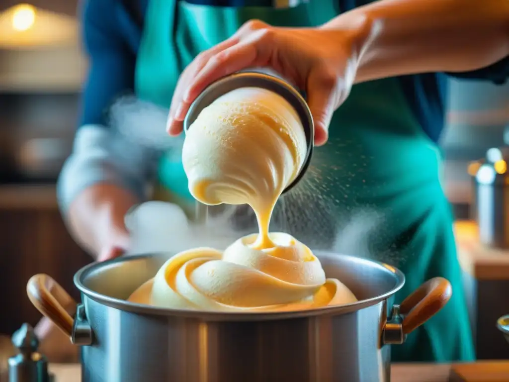 Preparando receta casera de auténtico gelato italiano en máquina vintage de madera