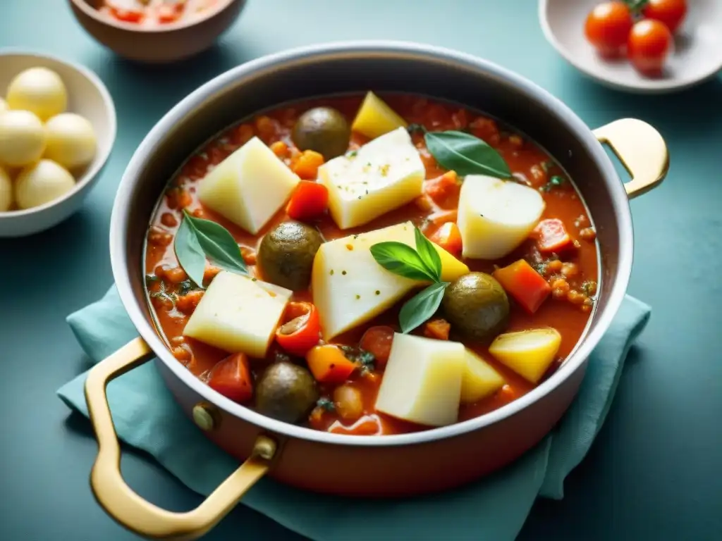 Receta guiso bacalao alla Vicentina: Delicioso guiso con bacalao, papas cremosas y salsa de tomate, humeante y colorido