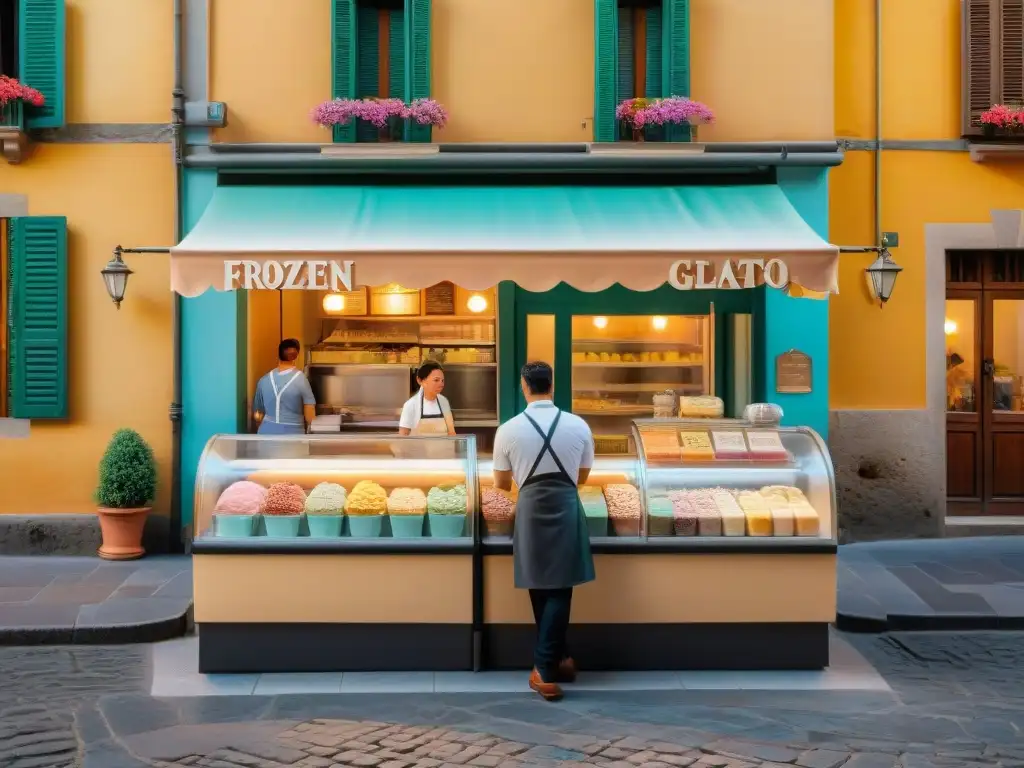 Receta gelato casero italiano: Deliciosa gelatería en Florencia con clientes admirando los sabores de helado artesanal