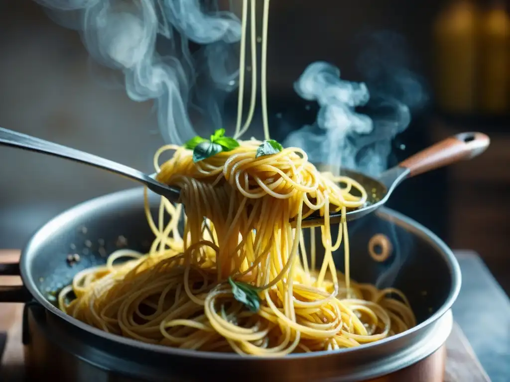 Receta original spaghetti aglio olio: Spaghetti al dente en sartén burbujeante con aceite de oliva dorado y ajo en cocina rústica italiana