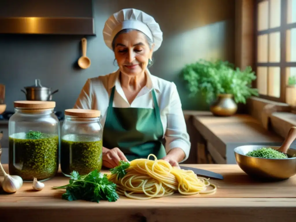 Receta original spaghetti aglio olio: Nonna italiana elaborando la receta en una cocina tradicional, con utensilios vintage y hierbas aromáticas