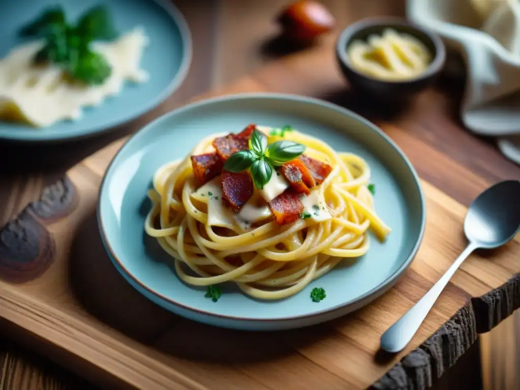 Receta pasta carbonara ligera: Plato de pasta carbonara saludable con salsa cremosa, decorado con perejil fresco y pimienta negra en una mesa rústica