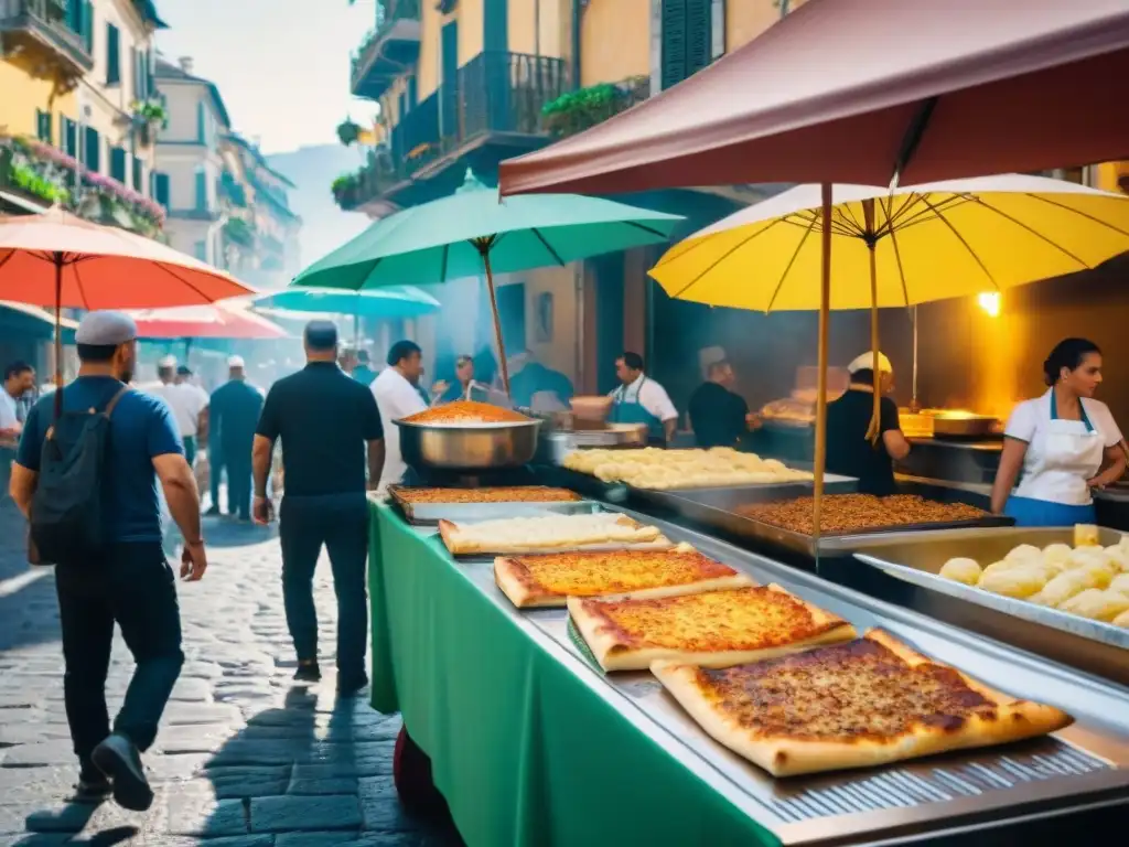 Receta Pizza Fritta casera: Animada calle napolitana con puestos de comida y vendedores preparando y friendo la tradicional Pizza Fritta