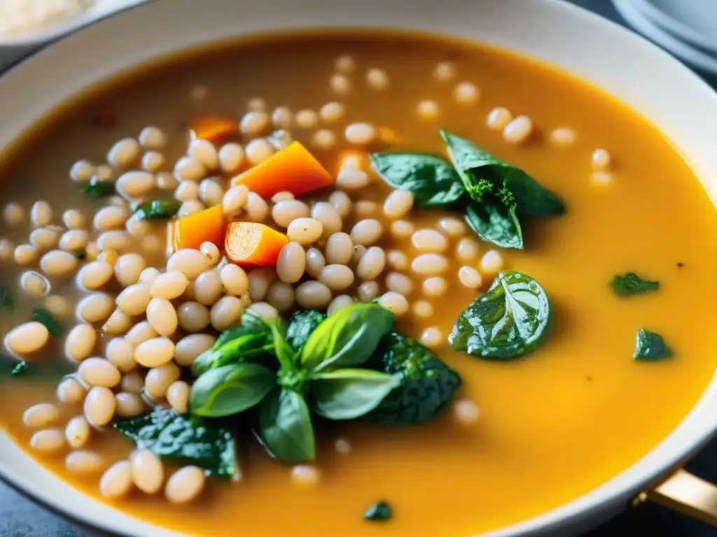 Una receta de sopa farro italiana vegetariana, con vegetales y granos cocidos en una olla burbujeante, emanando vapor reconfortante