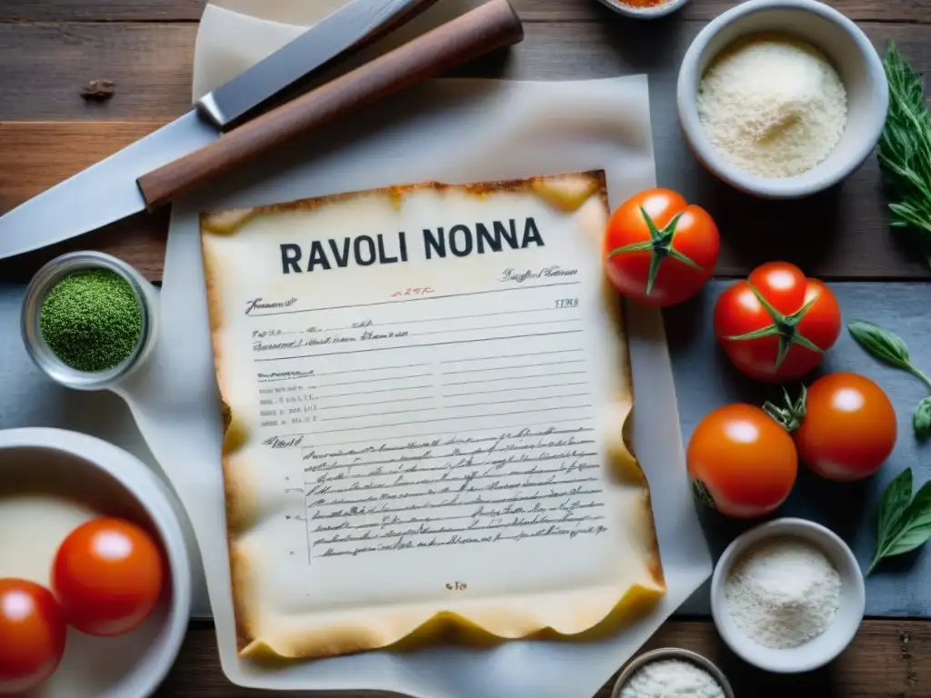 Una receta de 'Ravioli di Nonna' en una tarjeta escrita a mano, con manchas de tomate, sobre una mesa rústica con harina y hierbas frescas