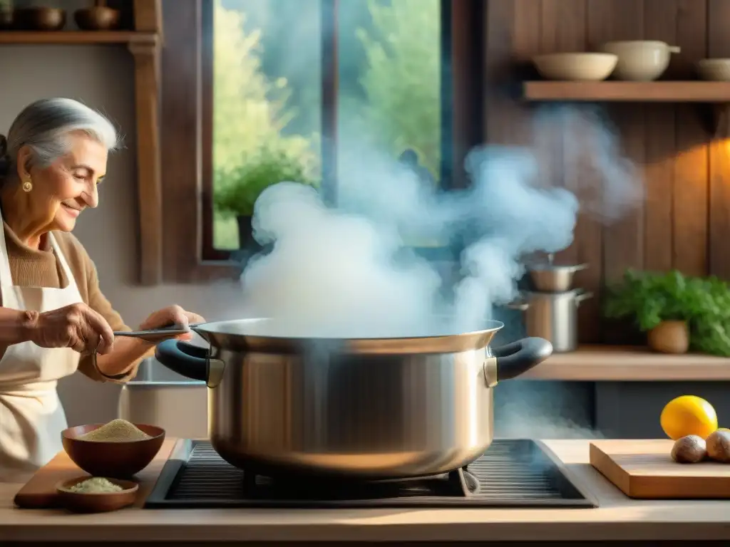 Receta tradicional brodo italiano: Una nonna italiana remueve con amor un gran caldero humeante en una cocina acogedora