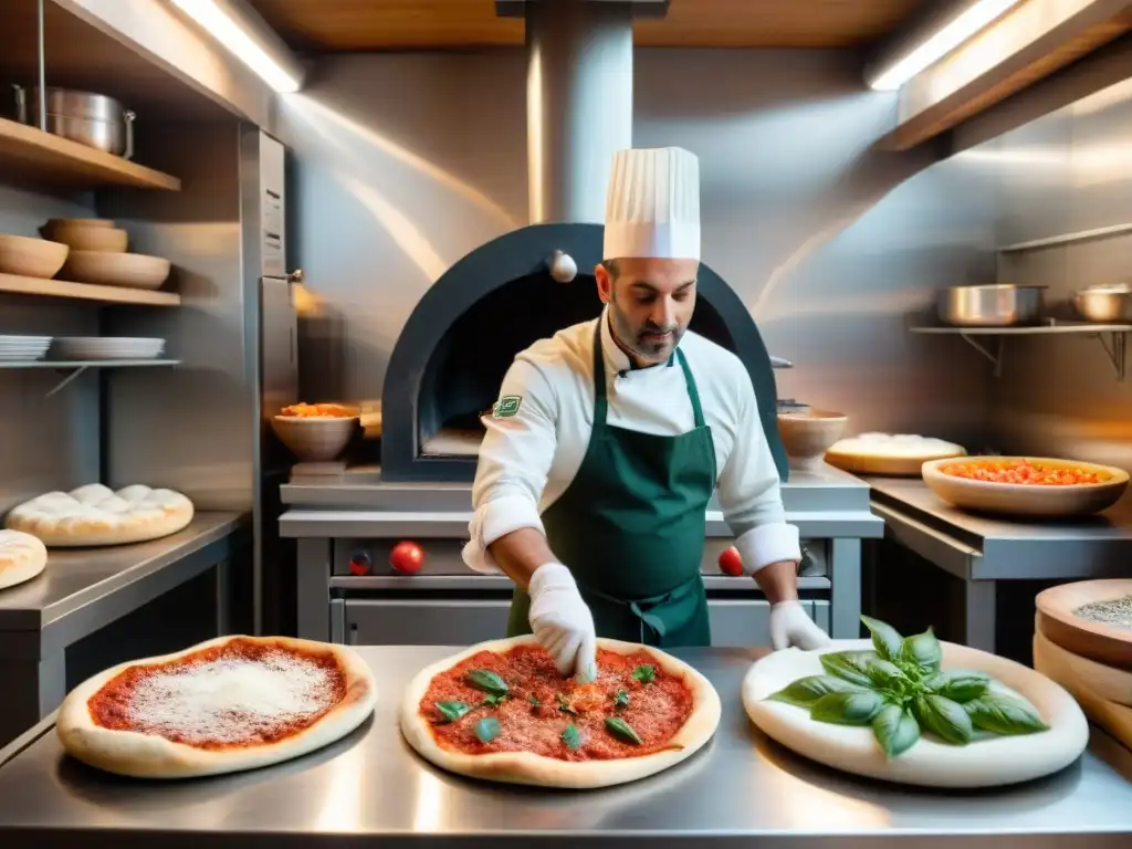 Receta tradicional pizza napolitana casera: Chef amasando masa rodeado de ingredientes frescos en cocina italiana