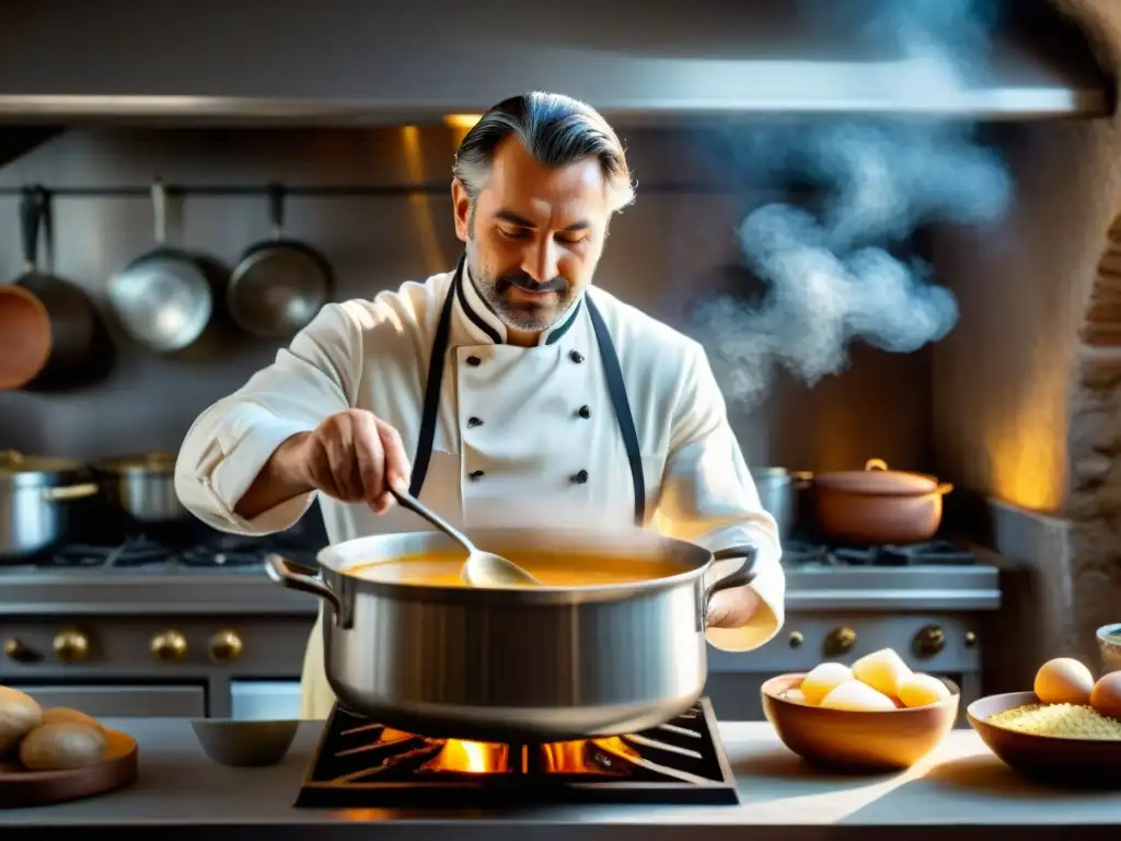 Receta tradicional vellutata italiana cremosa: Chef remueve una olla de sopa en cocina rústica en Italia