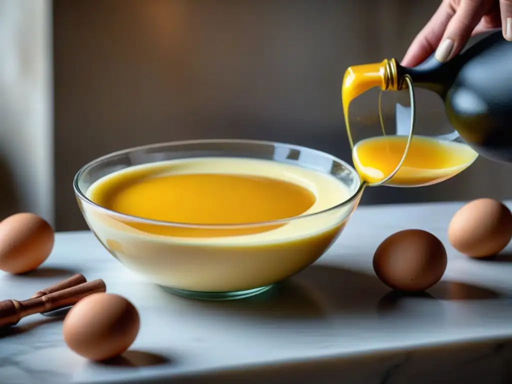 Preparando la receta tradicional Zabaione italiano con huevos, azúcar y Marsala, creando una deliciosa crema dorada