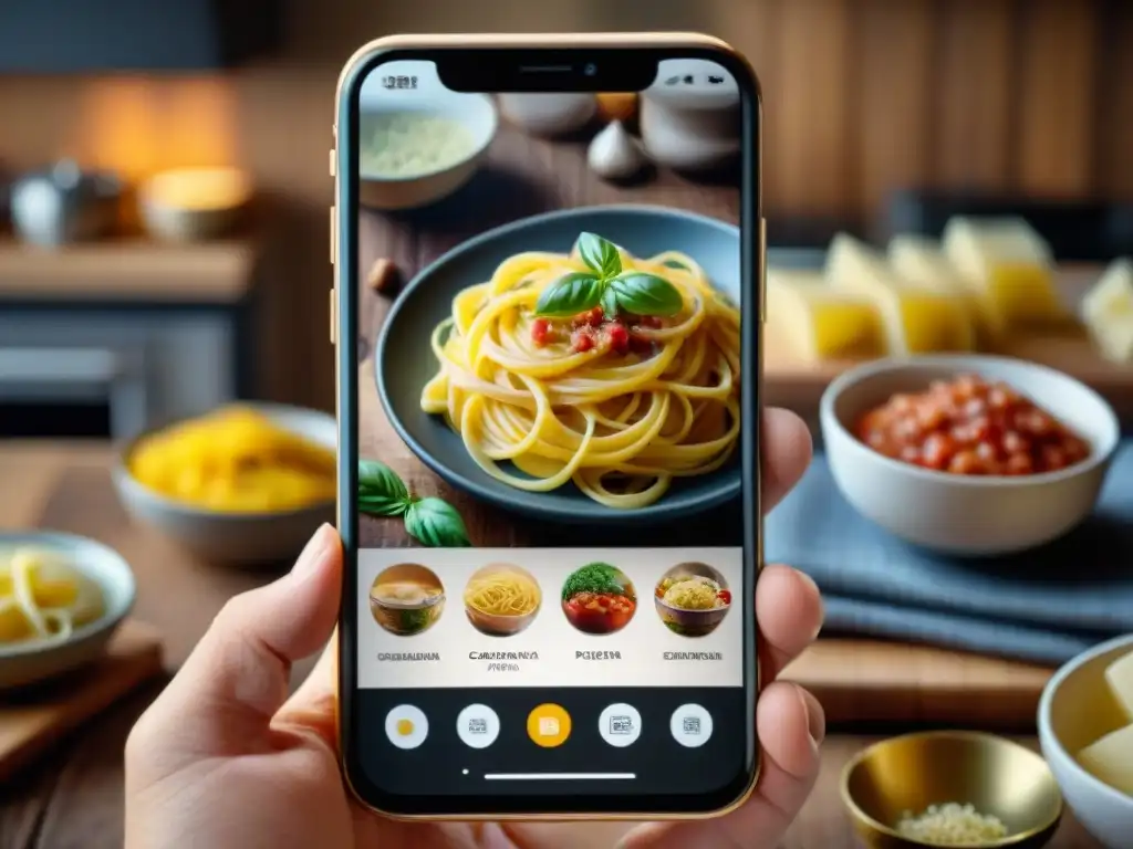 Preservar recetas familiares italianas con apps: Smartphone muestra app de cocina con receta de pasta carbonara y libro de recetas en cocina rústica