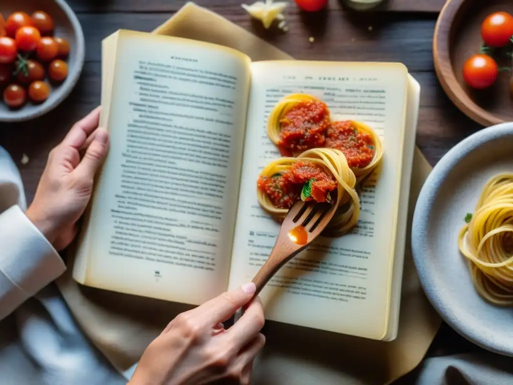 Explorando recetas italianas chefs en libro de cocina tradicional con notas escritas a mano y salpicaduras de salsa de tomate