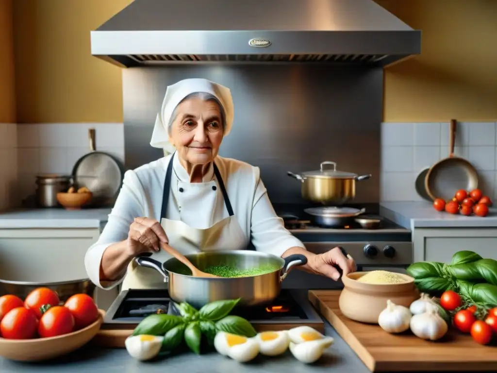 Recetas italianas tradicionales y modernas: Una nonna italiana en su cocina tradicional preparando un plato clásico con ingredientes frescos