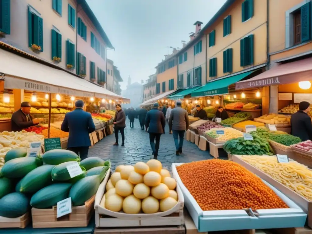 Recetas tradicionales cocina italiana: Un animado mercado italiano con coloridas frutas, pastas y quesos locales, entre edificios históricos