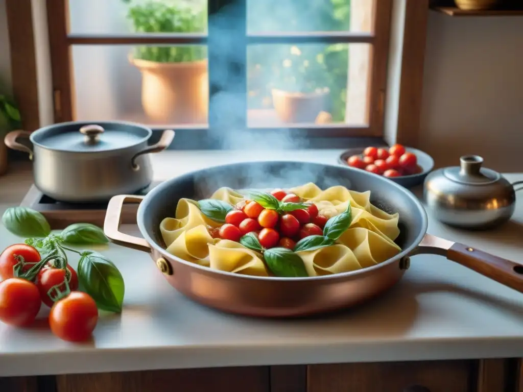 Recetas tradicionales de cocina italiana: Escena de cocina italiana con ingredientes frescos y una olla de cobre antigua en el fogón