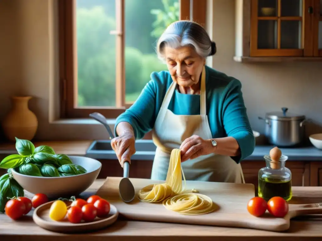 Recetas tradicionales regionales de Italia: Nonna preparando pasta fresca en cocina rústica italiana