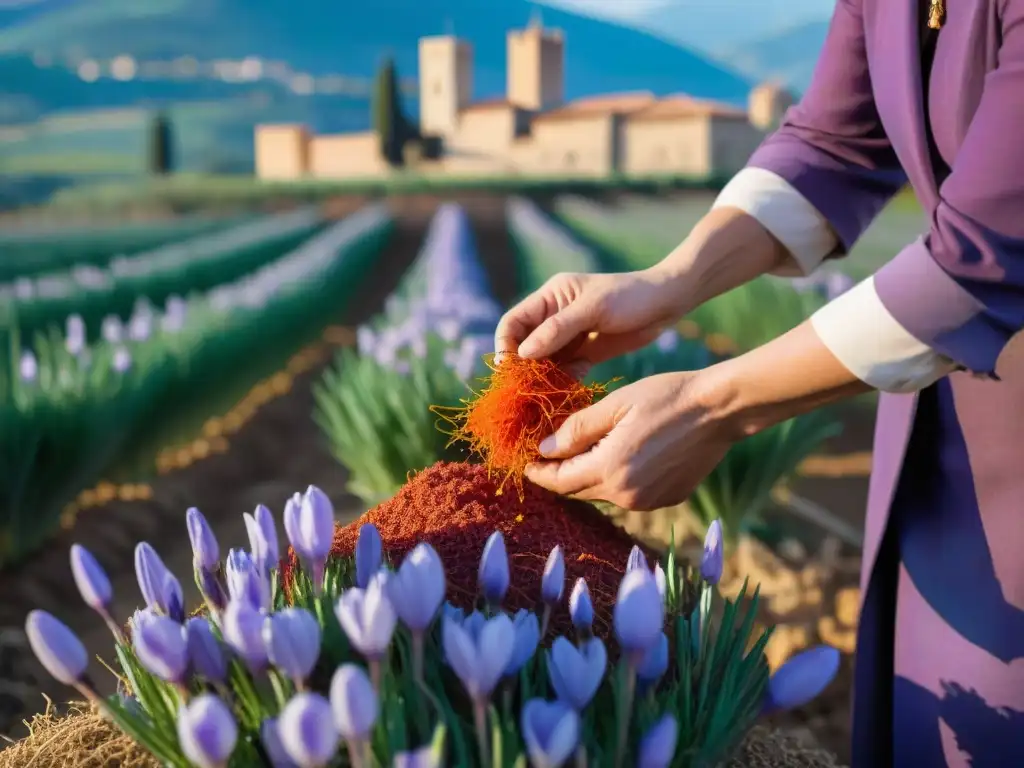 Recolectores expertos cosechan hilos de azafrán rojo en un campo soleado de San Gimignano, Italia, con torres icónicas al fondo