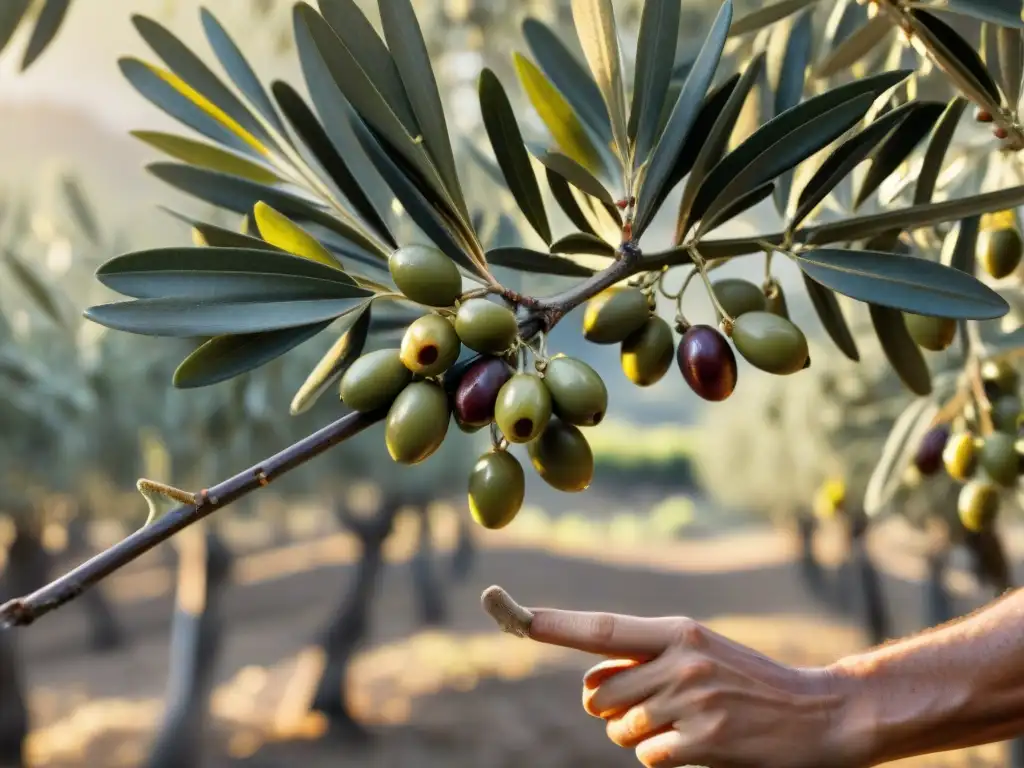 Recolectores de olivas en un hermoso olivar italiano al atardecer