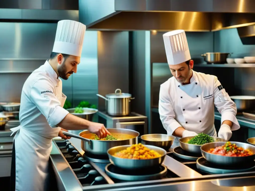 Un reconocido chef italiano en una concurrida cocina de estrellas Michelin, rodeado de sous chefs