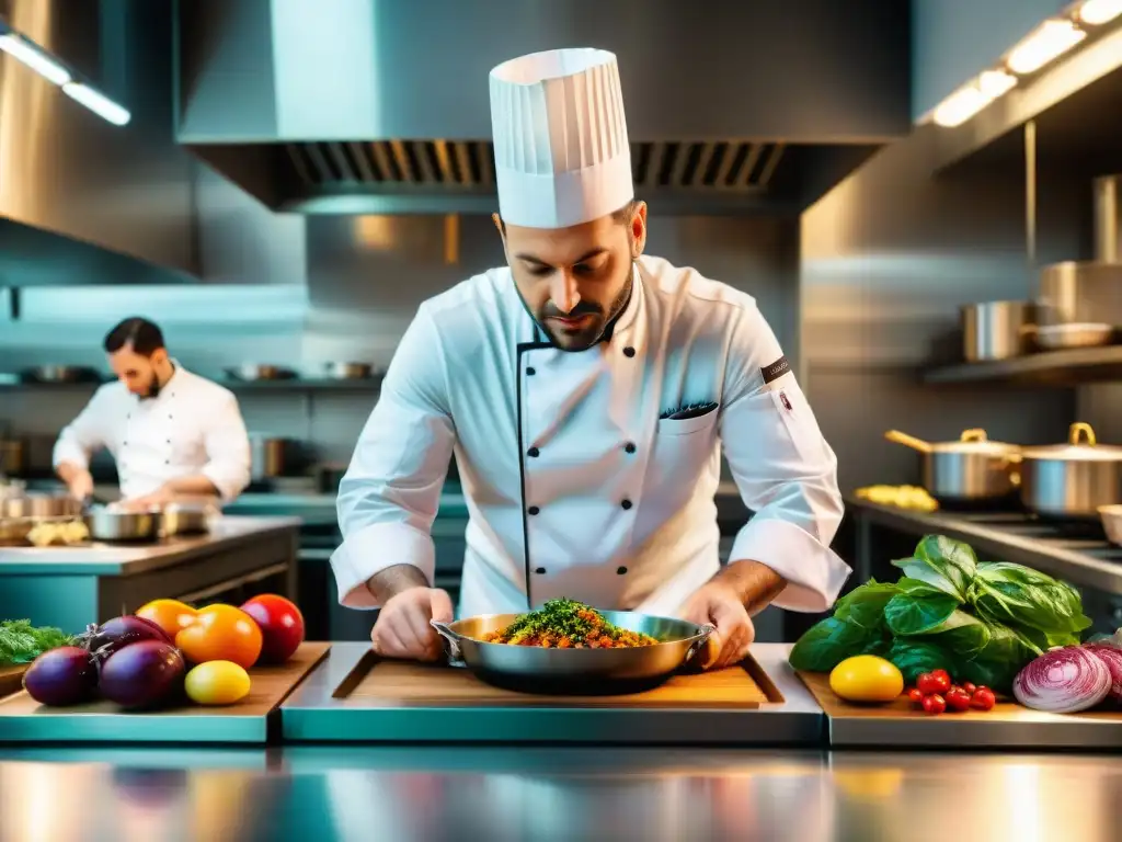 Un reconocido chef italiano innovador plenamente concentrado en su arte culinario, rodeado de su equipo en una cocina bulliciosa