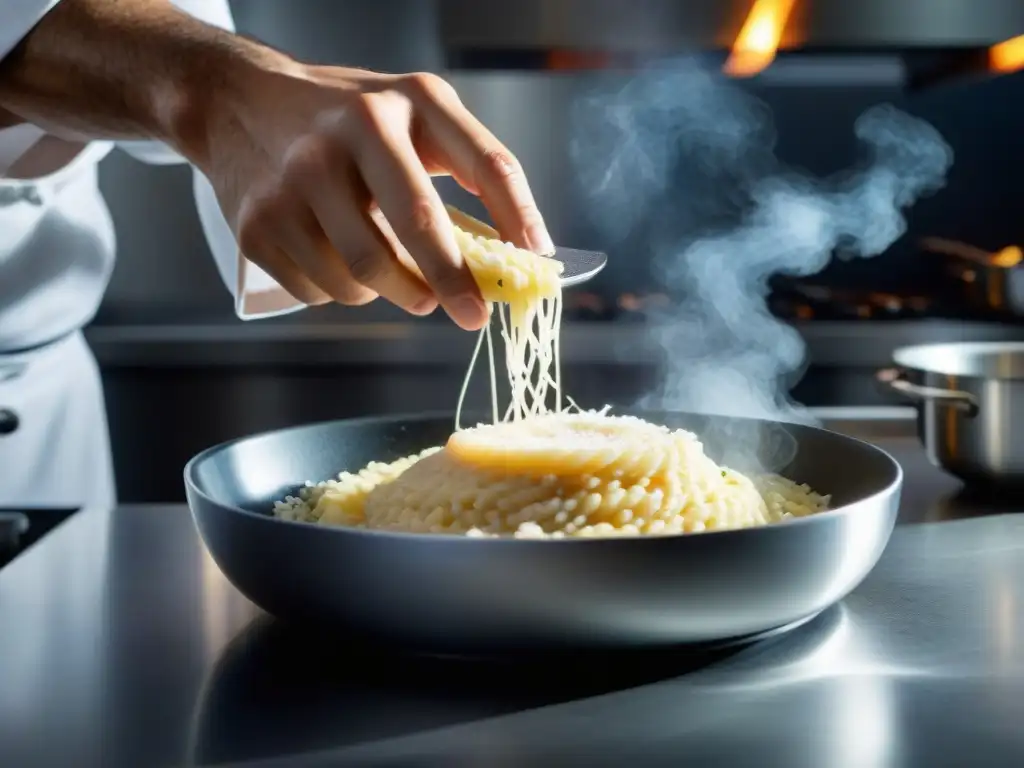 El reconocido chef italiano Davide Oldani esparciendo queso parmesano sobre un risotto, reflejando la revolución de la cocina italiana