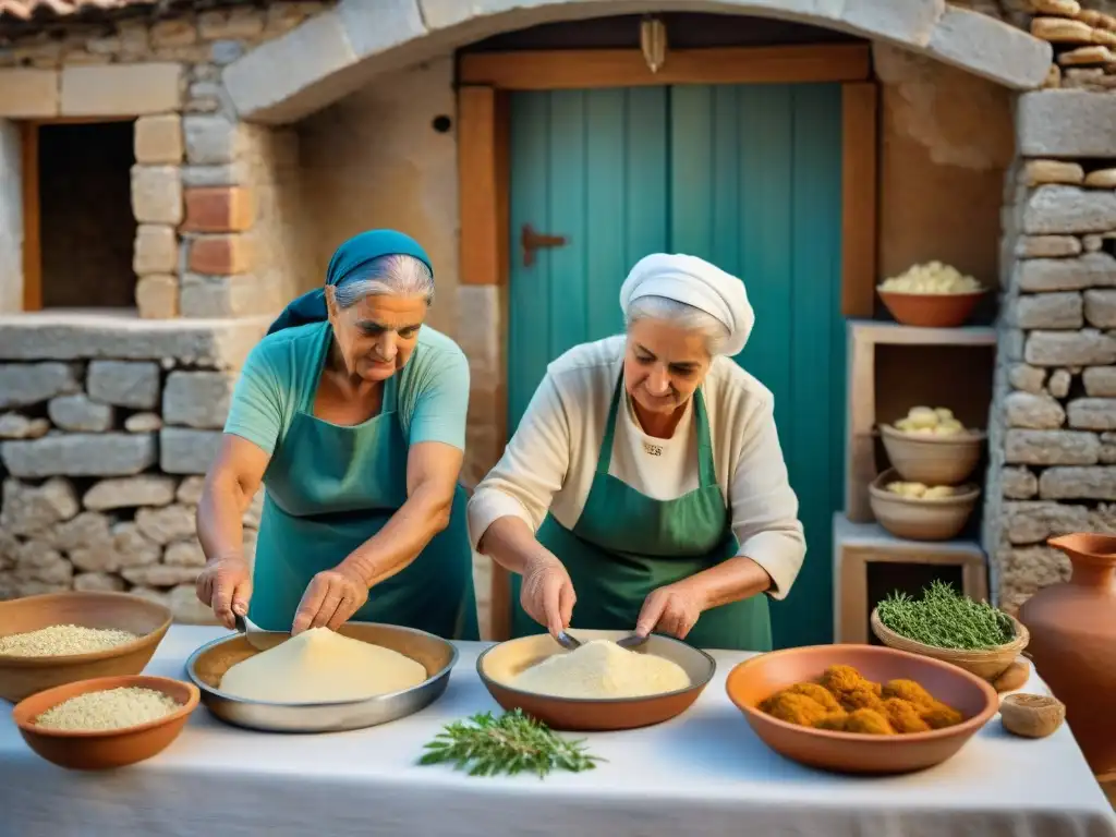 Un reflejo de la influencia griega en la cocina italiana: ancianas preparando platos mediterráneos en un pintoresco pueblo griego