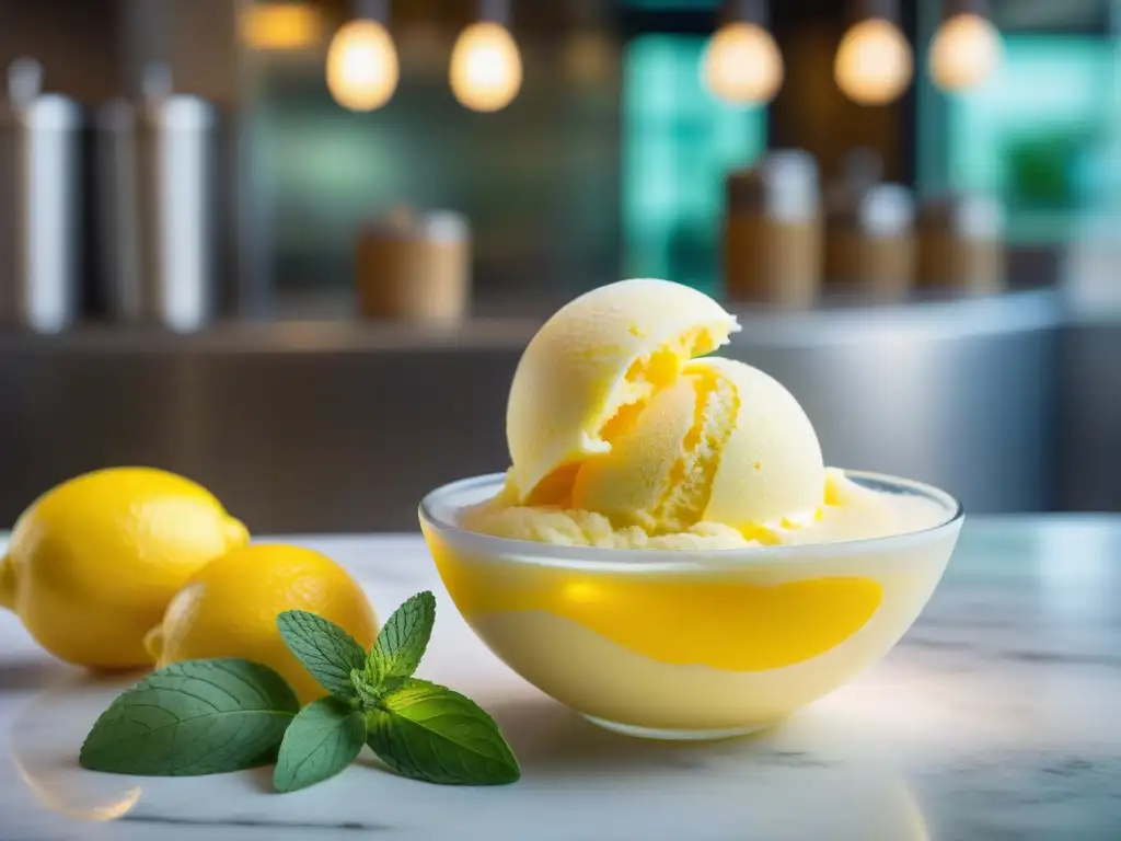 Sorbetto limone refrescante postre italiano: Imagen detallada de sorbete de limón con menta en gelatería tradicional italiana