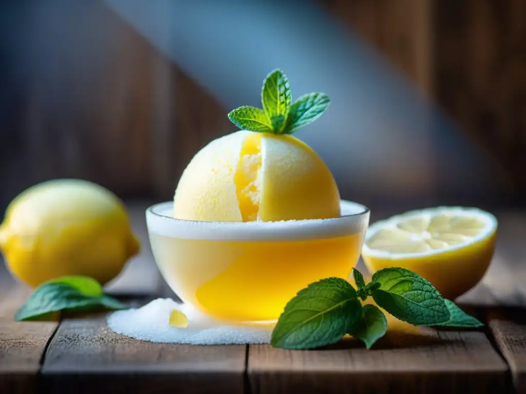 Sorbetto limone refrescante postre italiano: sorbete de limón en vaso de postre con menta y cáscara de limón, sobre mesa de madera y condensación