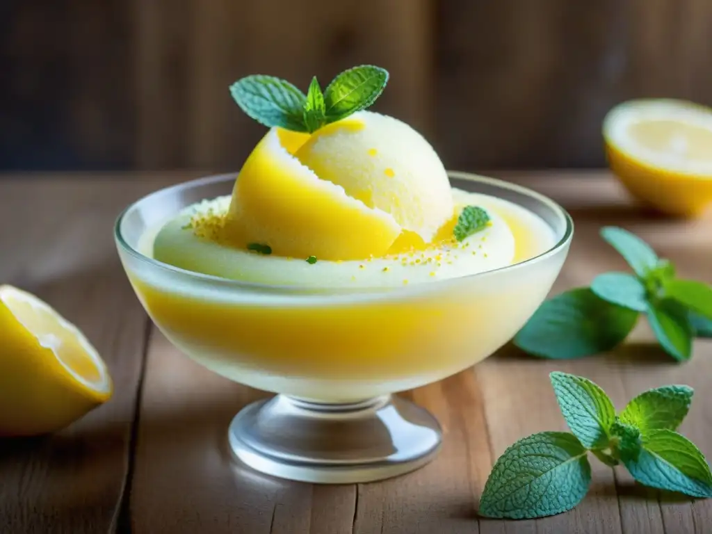 Sorbetto limone refrescante postre italiano: vibrante sorbete de limón con hoja de menta fresca en copa elegante