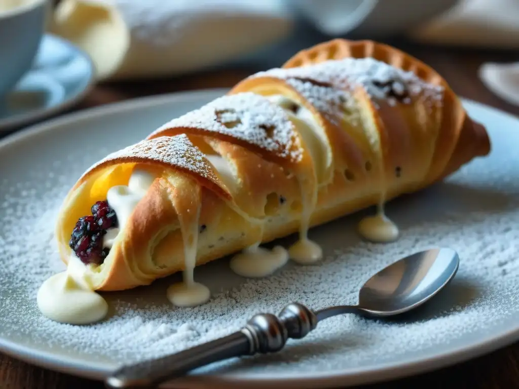 Relleno suave de ricotta en un cannoli siciliano, exquisito contraste entre capas crujientes y dulce relleno, recetas dulces tradicionales italianas