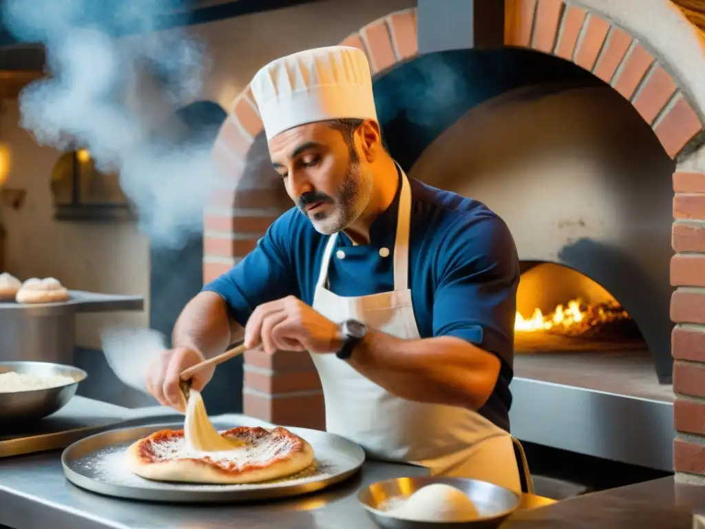 Renacimiento de la cocina napolitana con Antonino expertamente girando masa de pizza, rodeado de harina en el aire