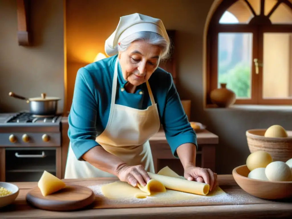 Renacimiento de la fermentación en Italia: Nonna italiana hábilmente preparando pasta fresca en cocina rústica con tradición y amor