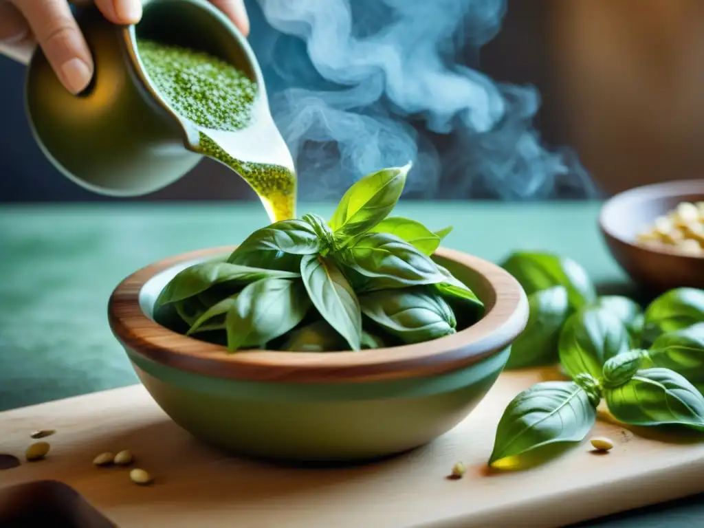 Renacimiento del pesto en Liguria: Ingredientes frescos triturados en un mortero, destacando colores y texturas vibrantes